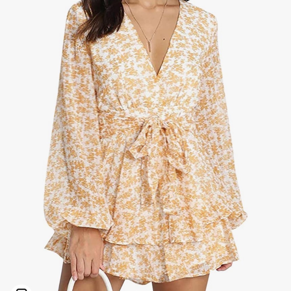 Jumpsuits Deep V-Neck Long Sleeve Knot Front Ruffle Hem Floral Rompers